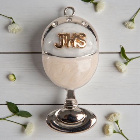 CIONDOLO CALICE E OSTIA CON SCRITTA JHS PENSIERINI COMUNIONE ORIGINALI