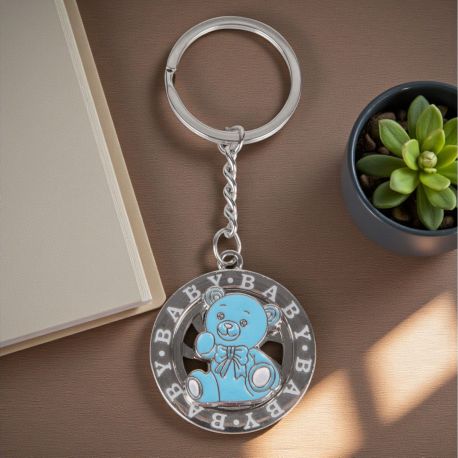 PORTACHIAVI RUOTA BABY CON ORSETTO CELESTE PER BOMBONIERE UNICHE