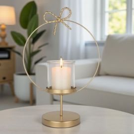 BOMBONIERA PORTA CANDELA CON BASE TONDA E FIOCCHETTO INTRECCIATO