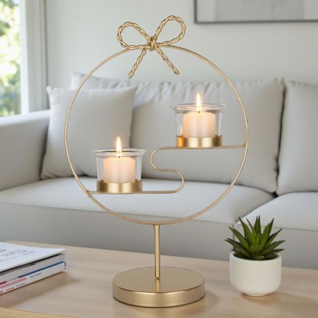 SET 2 PORTA CANDELA ORO CON CERCHIO E FIOCCHETTO ELEGANTE