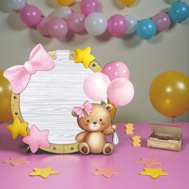 PORTA AUGURI IN LEGNO CON ORSETTO FIOCCO ROSA PIU' BOX 100 CUORICINI PER EVENTI UNICI E SPECIALI