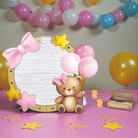 PORTA AUGURI IN LEGNO CON ORSETTO FIOCCO ROSA PIU' BOX 100 CUORICINI PER EVENTI UNICI E SPECIALI