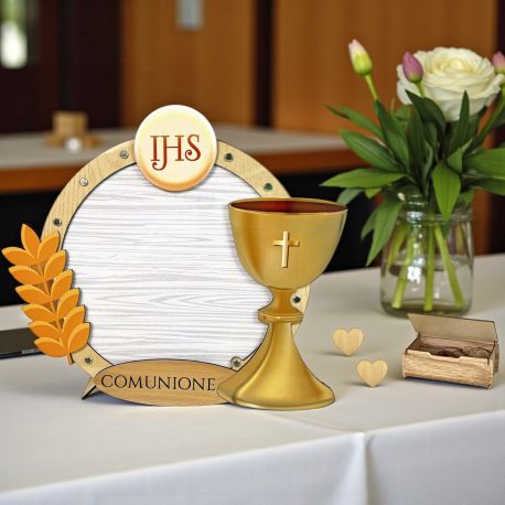 PORTA AUGURI IN LEGNO PER PRIMA COMUNIONE CON CUORICINI E PLEXIGLASS