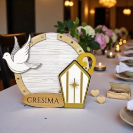 PORTA AUGURI SIMBOLI SACRI E SCRITTA CRESIMA PIU' BOX CON 100 CUORICINI