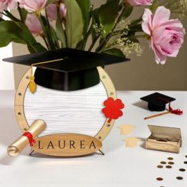 PORTA AUGURI IN LEGNO CON PLEXIGLASS PER LAUREA E CUORICINI MESSAGGI