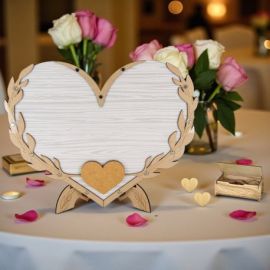 PORTA AUGURI LEGNO A CUORE CON PANNELLO IN PLEXIGLASS + BOX 100 CUORICINI PER MESSAGGI