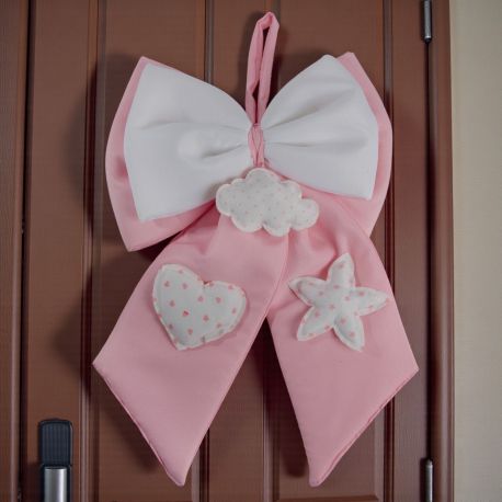 FIOCCO NASCITA BIMBA CON STELLINA E CUORICINO A POIS, DECORAZIONE NASCITA SWEET TABLE