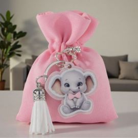 SACCHETTO PER CONFETTI CON ELEFANTINO CON PAPILLON ROSA, NASCITA BIMBA ORIGINALE