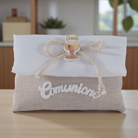 SACCHETTO CONFETTI COMUNIONE CON SIMBOLI SACRI E FIOCHETTO IN CORDA