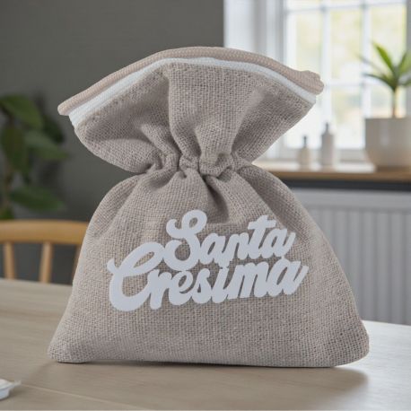 SACCHETTINO PORTACONFETTI JUTA CON SCRITTA SANTA CRESIMA, CONFETTATA ECONOMICA
