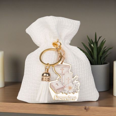 SACCHETTO PORTACONFETTI CON PORTACHIAVI CON SIMBOLI SACRI PRIMA COMUNIONE