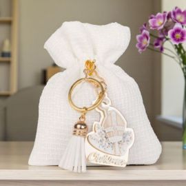 SACCHETTO PORTACONFETTI CON PORTACHIAVI CON SIMBOLI SANTA CRESIMA