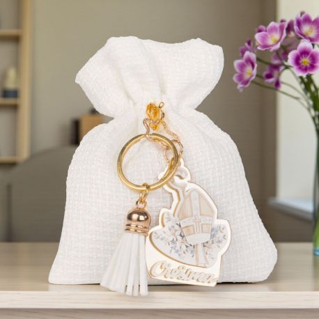 SACCHETTO PORTACONFETTI CON PORTACHIAVI CON SIMBOLI SANTA CRESIMA