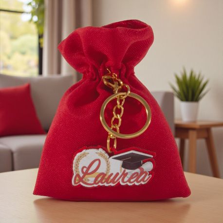 SACCHETTINO PORTACONFETTI CON PORTACHIAVI LAUREA E CORONA D'ALLORO