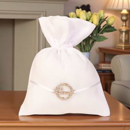SACCHETTINO ELEGANTE BIANCO PER CONFETTI CON STRASS E SCRITTA LOVE