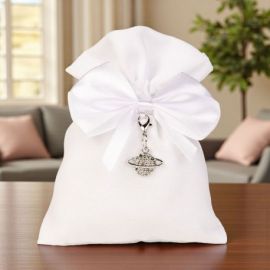 SACCHETTINO PORTACONFETTI BIANCO ELEGANTE PER CONFETTI CON CIONDOLO COLOR ARGENTO A FORMA DI PIANETA