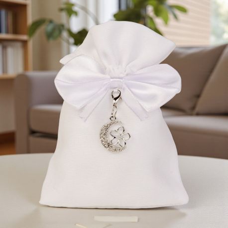 SACCHETTINO ELEGANTE PER CONFETTI CON CINDOLO FIORE E LUNA COLOR ARGENTO E STRASS