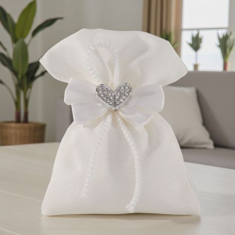 SACCHETTINO PER CONFETTI CON CUORE ARGENTO E FIOCCHETTO BIANCO