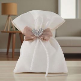 SACCHETTINO PER CONFETTI CON CUORE ARGENTO E FIOCCHETTO TORTORA