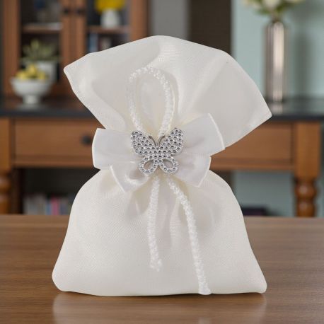 SACCHETTINO PER CONFETTI CON FIOCCO BIANCO E FARFALLA ARGENTO STRASS