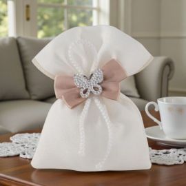 SACCHETTINO PER CONFETTI CON FIOCCO TORTORA E FARFALLA ARGENTO STRASS