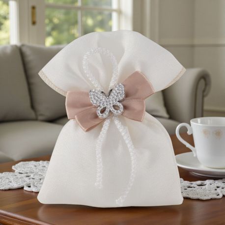 SACCHETTINO PER CONFETTI CON FIOCCO TORTORA E FARFALLA ARGENTO STRASS