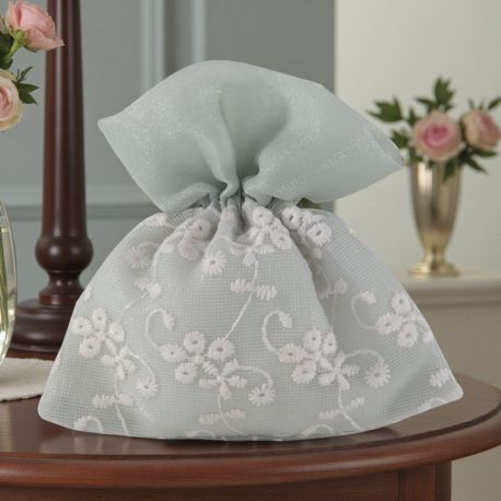 SACCHETTINO PORTACONFETTI COLOR SALVIA CON DELICATI RICAMI A FIORE