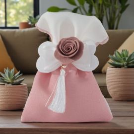 SACCHETTO PER CONFETTI CON FIOCCO E FIORE ROSA ANTICO ELEGANZA PER MATRIMONIO