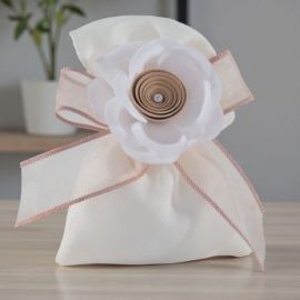 SACCHETTO PORTACONFETTI IN ORGANZA BIANCO CON ROSA PER MATRIMONIO E ANNIVERSARIO