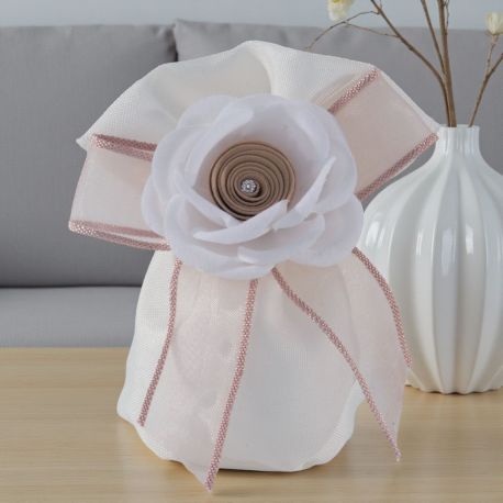 SACCHETTINO PORTACONFETTI CON FIOCCO E ROSA CENTRALE BIANCA E BEIGE