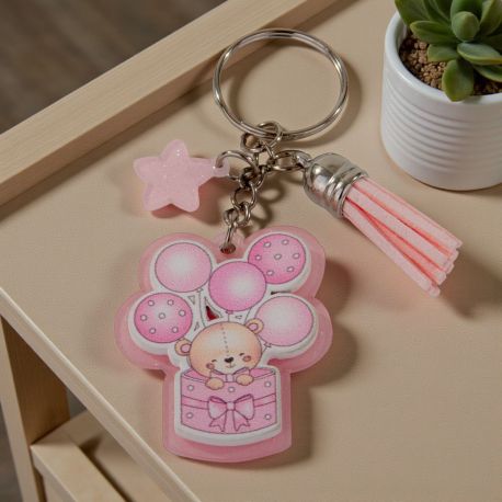 PORTACHIAVE ORSETTO CON PALLONCINI ROSA PER BOMBONIERE NASCITA BIMBA