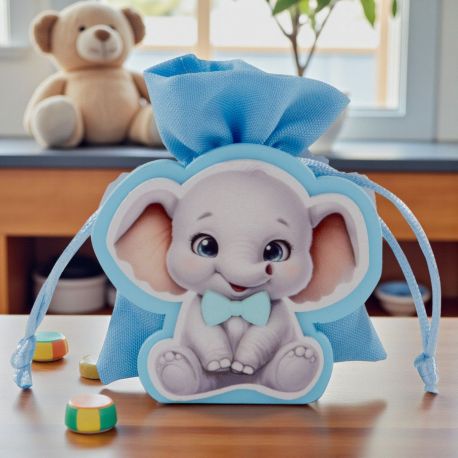 SCATOLETTA PORTACONFETTI CON ELEGANTE ELEFANTINO CON FIOCCO CELESTE