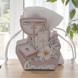 SCATOLINA PORTACONFETTI PRIMA COMUNIONE CON SIMBOLI SACRI E SCRITTA COMUNIONE