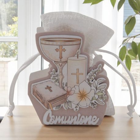 SCATOLINA PORTACONFETTI PRIMA COMUNIONE CON SIMBOLI SACRI E SCRITTA COMUNIONE