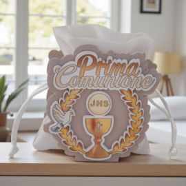 SCATOLINA PORTACONFETTI PRIMA COMUNIONE CON CALICE, OSTIA E SCRITTA