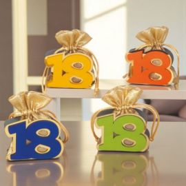 SCATOLINA LEGNO NUMERO 18 COMPLEANNO CON SACCHETTINO COLORI ASSORTITI