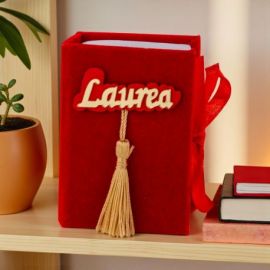 SCATOLINA PORTACONFETTI A FORMA DI LIBRO PER LAUREA CON NAPPINA ORO
