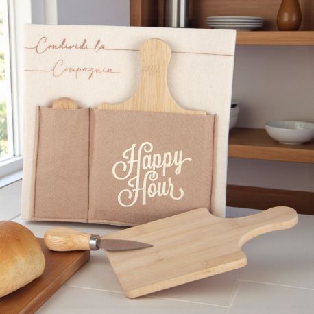 SET APERTITIVO CON TAGLIERE E COLTELLINO IN BOX TESSUTO PER MATRIMONIO