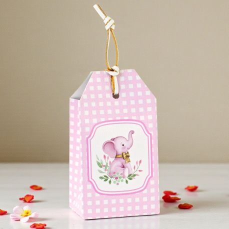 SCATOLINA A FORMA DI TAG CON ELEFANTINO PER BATTESIMO E NASCITA