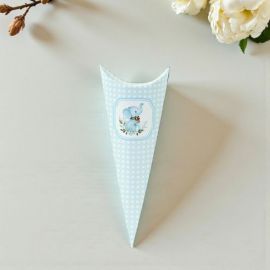 CONO PORTACONFETTI ELEFANTINO CELESTE PER NASCITA E BATTESIMO BIMBO