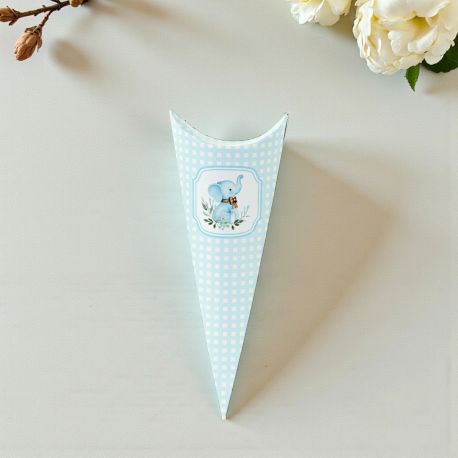 CONO PORTACONFETTI ELEFANTINO CELESTE PER NASCITA E BATTESIMO BIMBO