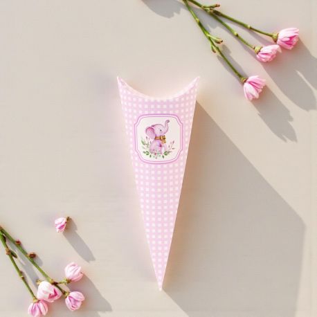 CONO PORTACONFETTI CON ELEFANTINO ROSA PER NASCITA E BATTESIMO BIMBA