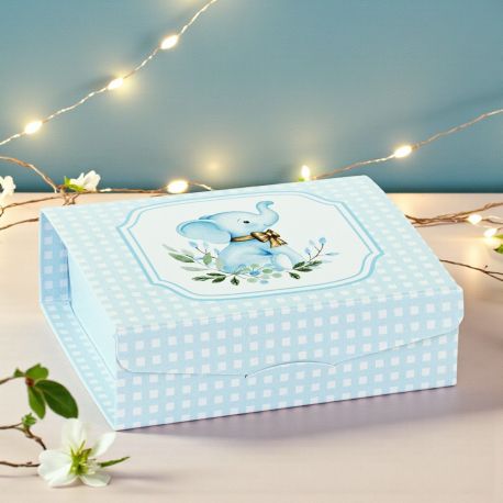 SCATOLINA PER CONFETTI CON ELEFANTINO CELESTE CON FIOCCO PORTA CONFETTI BIMBO
