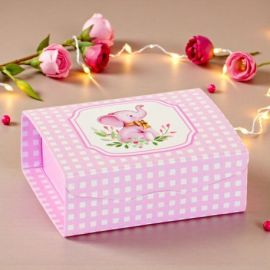SCATOLA PER CONFETTI A QUADRETTI ROSA E BIANCA CON TENERO ELEFANTINO CON FIOCCO