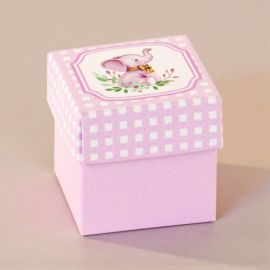 SCATOLINA PORTACONFETTI CUBO A QUADRETTI ROSA E BIANCA CON ELEFANTINO NASCITA BIMBA