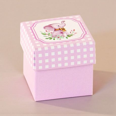 SCATOLINA PORTACONFETTI CUBO A QUADRETTI ROSA E BIANCA CON ELEFANTINO NASCITA BIMBA