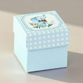 SCATOLINA CUBO CELESTE CON ELEFANTINO E FIOCCO PORTA CONFETTI BIMBO PER NASCITA E BATTESIMO