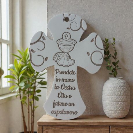 CROCIFISSO MODERNO CON CALICE E OSTIA PER BOMBONIERE COMUNIONE