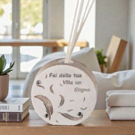 PROFUMATORE TONDO CON PIUME "FAI DELLA TUA VITA UN SOGNO" BOMBONIERE