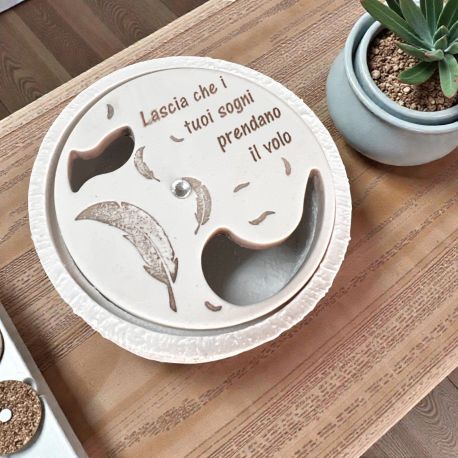 PORTA POTPOURRI CON PIUME E FRASE PER BOMBONIERE COMUNIONE